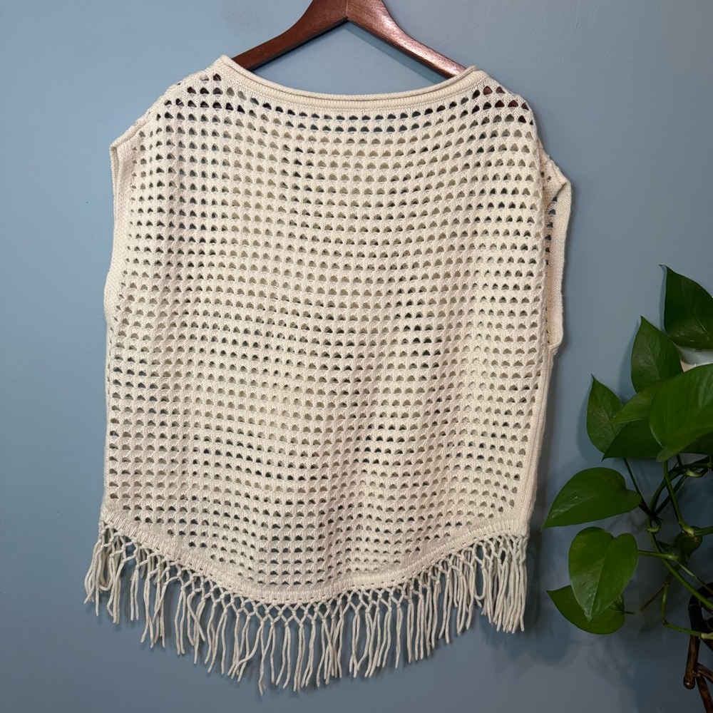 Elie Tahari Pandora Wool Cashmere Open Knit Sweater Poncho Fringe. Cream. XS - Picture 8 of 11